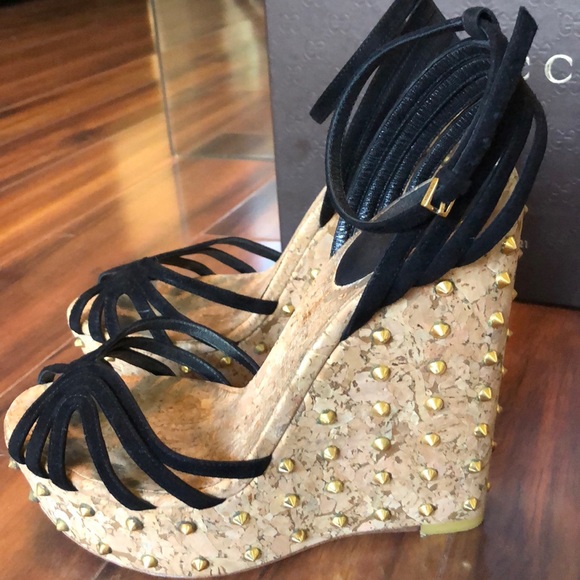 Gucci Shoes - Gucci gold studded wedges